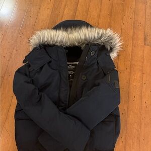 Hollister Navy Blue Puffer Jacket with Faux Fur Hood